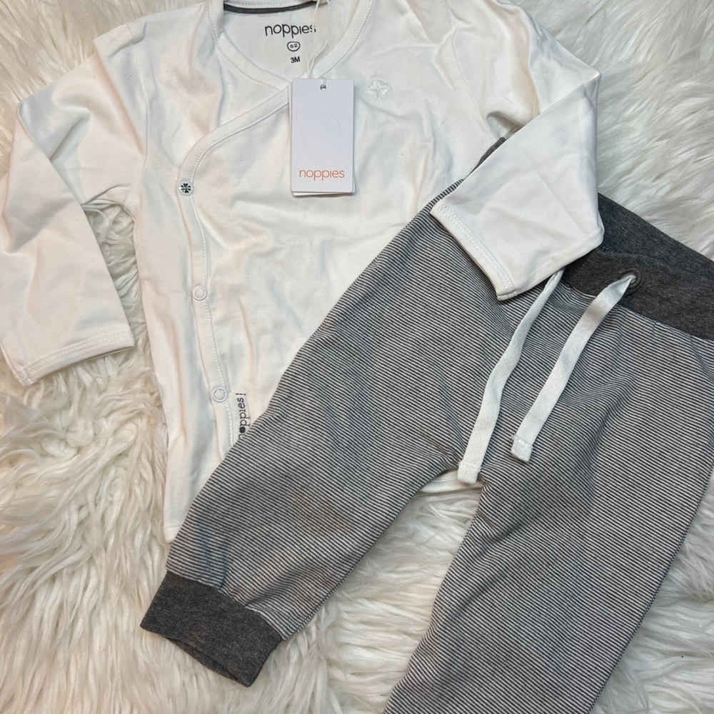 NWT 🍼 Noppies Baby White Wrap Top Grey Pants